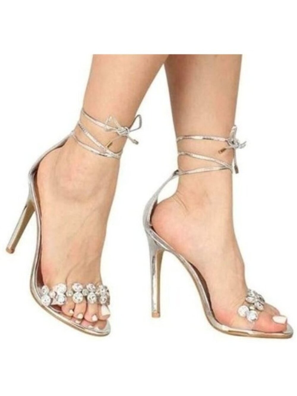 Gorgeous Women's 10 Silver Jewels Anklet Straps Formal Party Wedding Heels Shoes